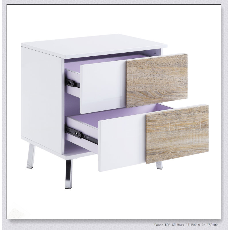 Table de bout blanche ultra brillante et naturelle avec 2 tiroirs, parfaite pour les espaces de vie modernes et compacts.