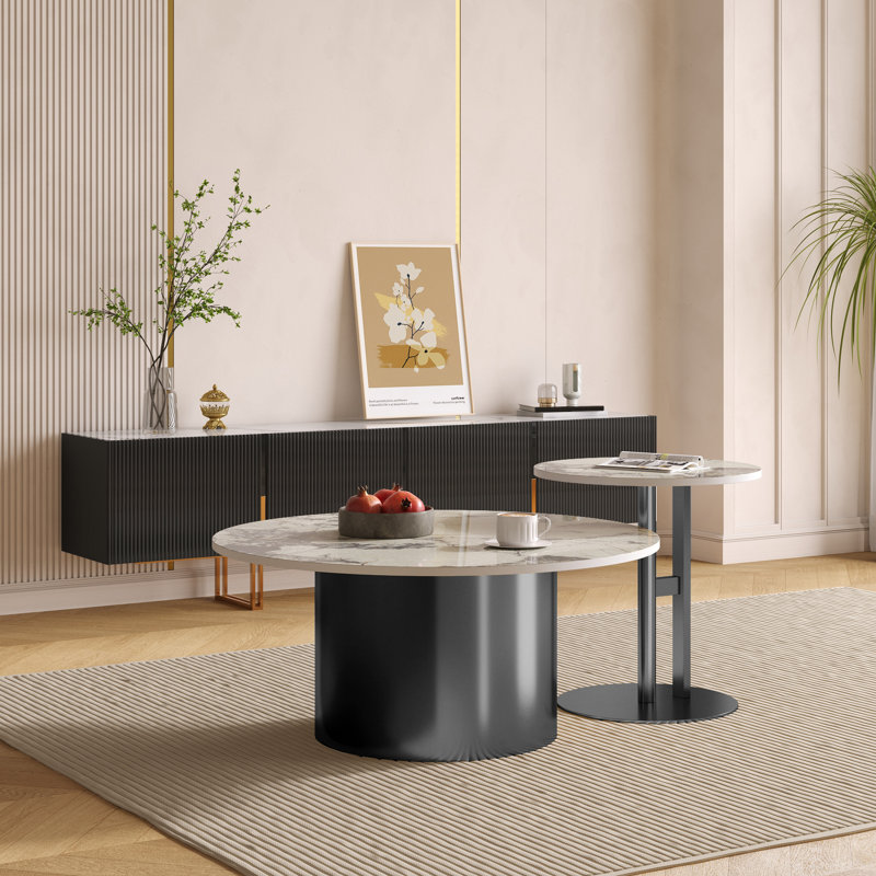 Ensemble de table basse 2 pièces, table basse ronde moderne avec base en acier inoxydable, Noir