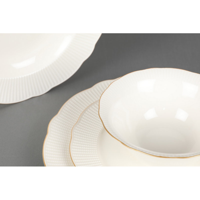 Ensemble de vaisselle élégant 24 pièces, blanc et doré, 6 assiettes de service (8,7 x 8,7 x 0,8 po), 6 assiettes (7,9 x 7,9 x 1,6 po), 6 bols (5,5 x 5,5 x 2,0 po), 6 assiettes à dessert ( 7,1 x 7,1 x 0,8 po) | 100% porcelaine, design exquis, parfait pour recevoir