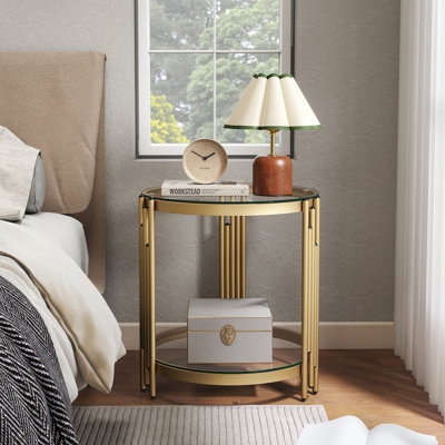 2-Tier Round Side Table, Glass End Table for Small Space in Living Room, Bedroom, Gold