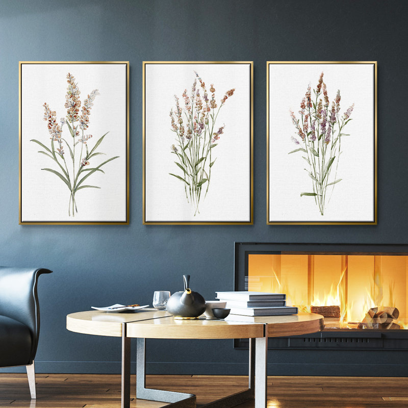 Ensemble de 3 pièces encadrées sur toile "Dicat Botanical I", Cadre flottant doré, H 40 po x l 78 po