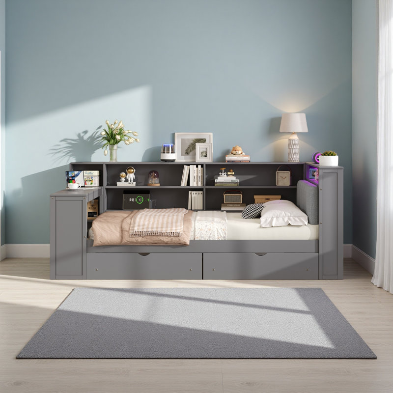 Wood Full Size Platform Bed With Storage Shelves, Drawers, Charging Station, LED, Desk And Upholstered Headboard, Grey+ Grey Cushion