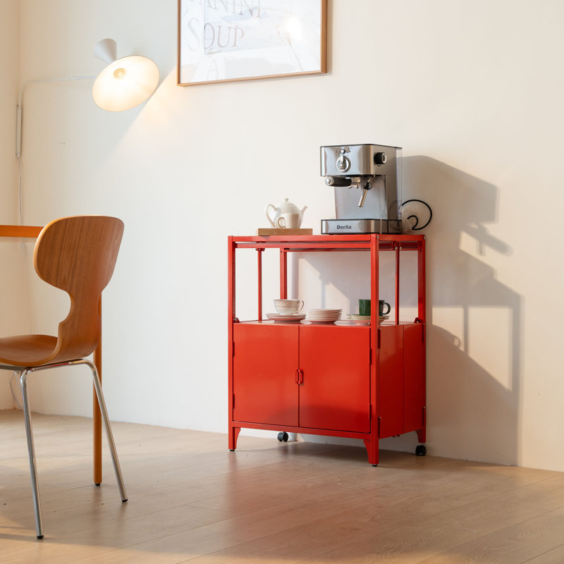 Accent 23.6’’ Wide  Foldable Metal Double Layer Cabinet with  Wheels Easy Assemble end table, Red