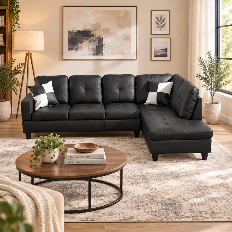 Black Faux Leather 2-Piece Sectional Sofa Set with Chaise, Black Faux Leather