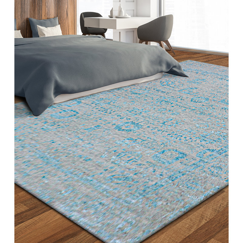 Tapis argenté et turquoise noué à la main de haute qualité, Rectangle 9 pi 2 po x 12 pi 1 po