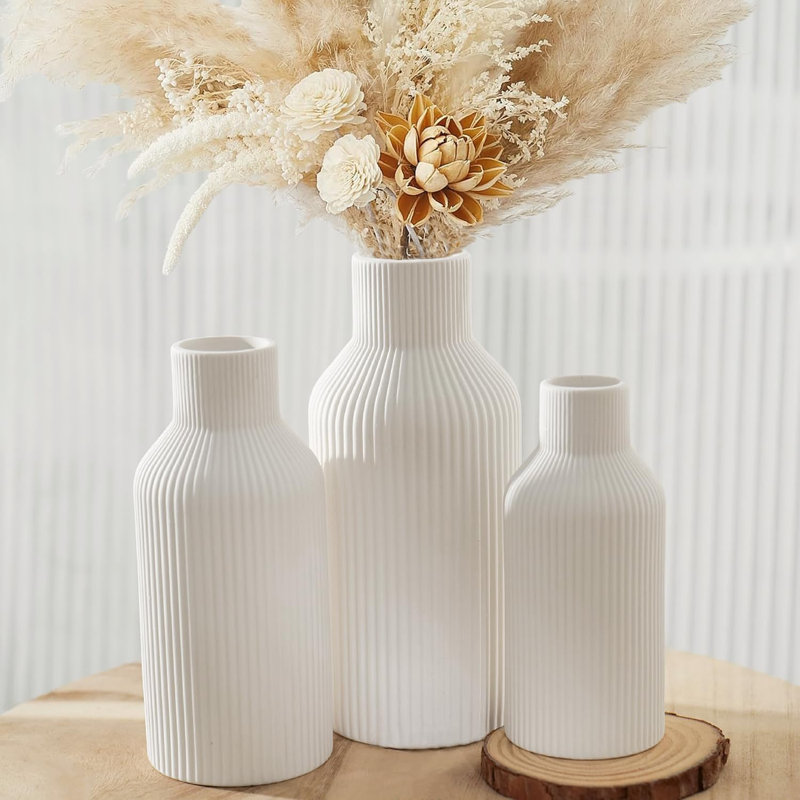 Ensemble de 3 vases en céramique nervurés blancs, vases à fleurs minimalistes modernes pour la décoration intérieure, pièce maîtresse de style bohème pour table, tablette, manteau de cheminée, foyer, entrée