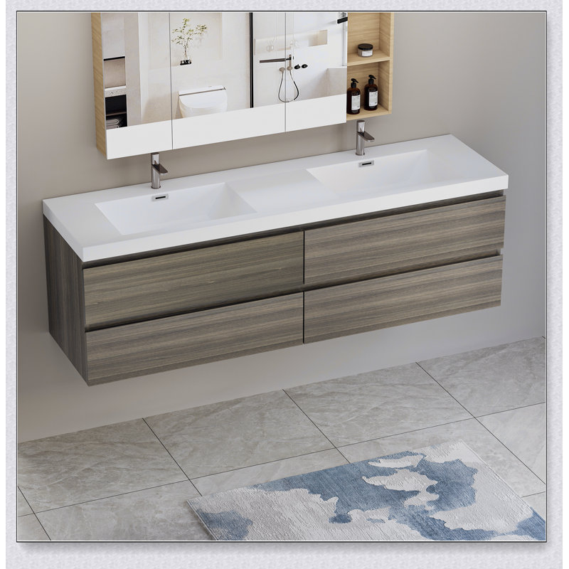 Meuble-lavabo flottant avec lavabo, meuble-lavabo mural moderne avec deux lavabos en quartz et quatre tiroirs à fermeture en douceur, 24V12-72GR