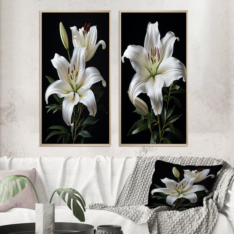 2 pièces sur toile - lys noir et blanc exquis, Encadrement brun, H 20 po x l 24 po
