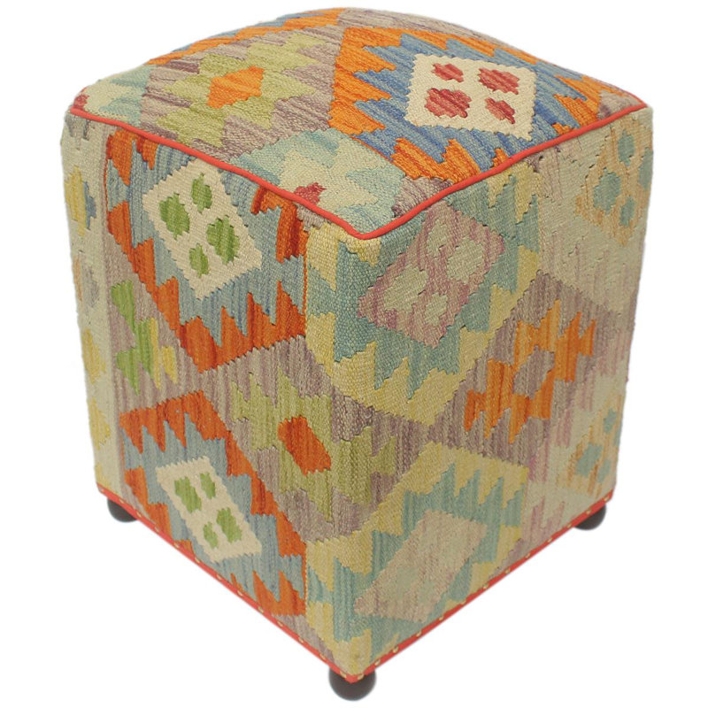 Aprea Upholstered Ottoman, Rust/Blue/Purple/Beige Wool