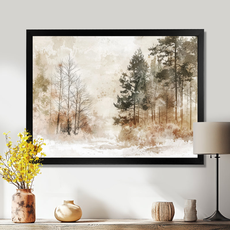 «Winter Woodland Forest Landscape I - Forest», reproduction d'art murale, H 30 po x l 40 po, Reproduction encadrée, Noir