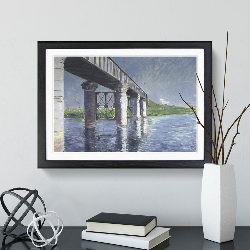 The Seine and the Railroad Bridge by Gustave Caillebotte - Picture Frame Painting, Black Framed, 27cm H x 36cm W x 2cm D