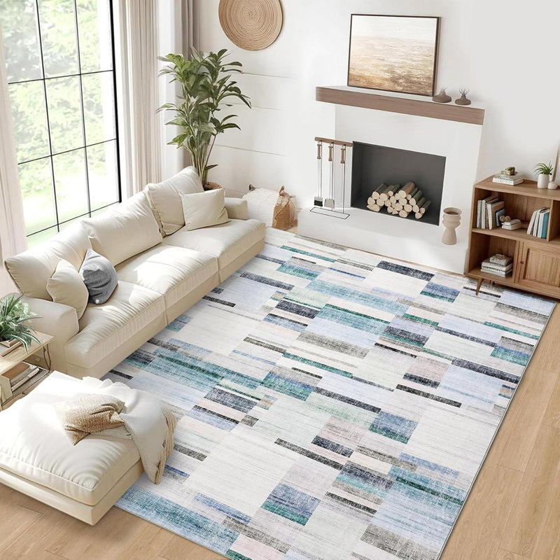 Washable Geometric Patchwork Rug, Non-Slip, Low Pile, Modern Farmhouse Carpet for Bedroom or Dining Room, Red