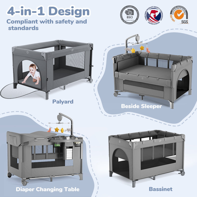 Baby Bassinet Bedside, 5 In 1 Baby Playard,  Bedside Sleeper Baby Crib, With Removable Changing Station & Storage Organizer