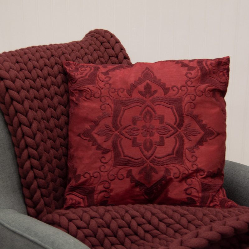 Red Embroidered Square Polyester Decorative Pillow