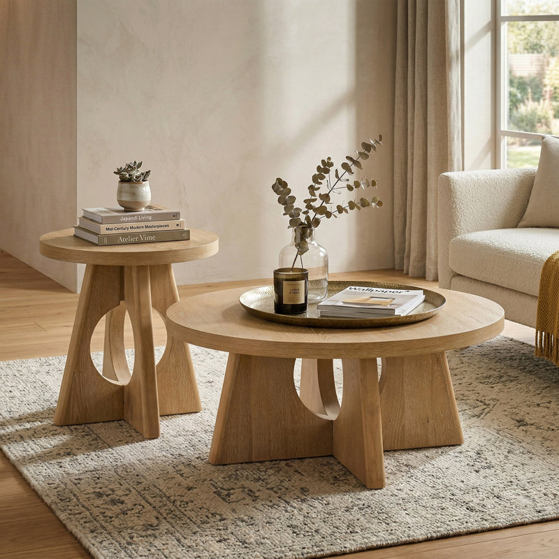 Ensemble de tables basses 2 pièces avec piédestal Blitar, Oak Wood, 2 pièces: table basse, table de bout