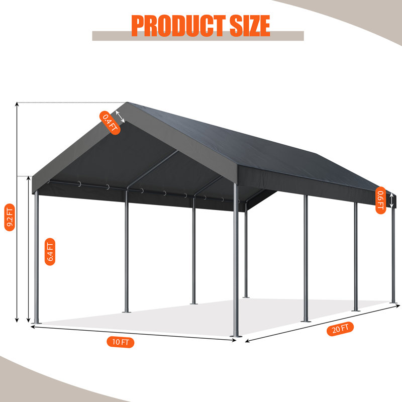 10 pi. L 20 pi. D Garage portatif robuste, Gris