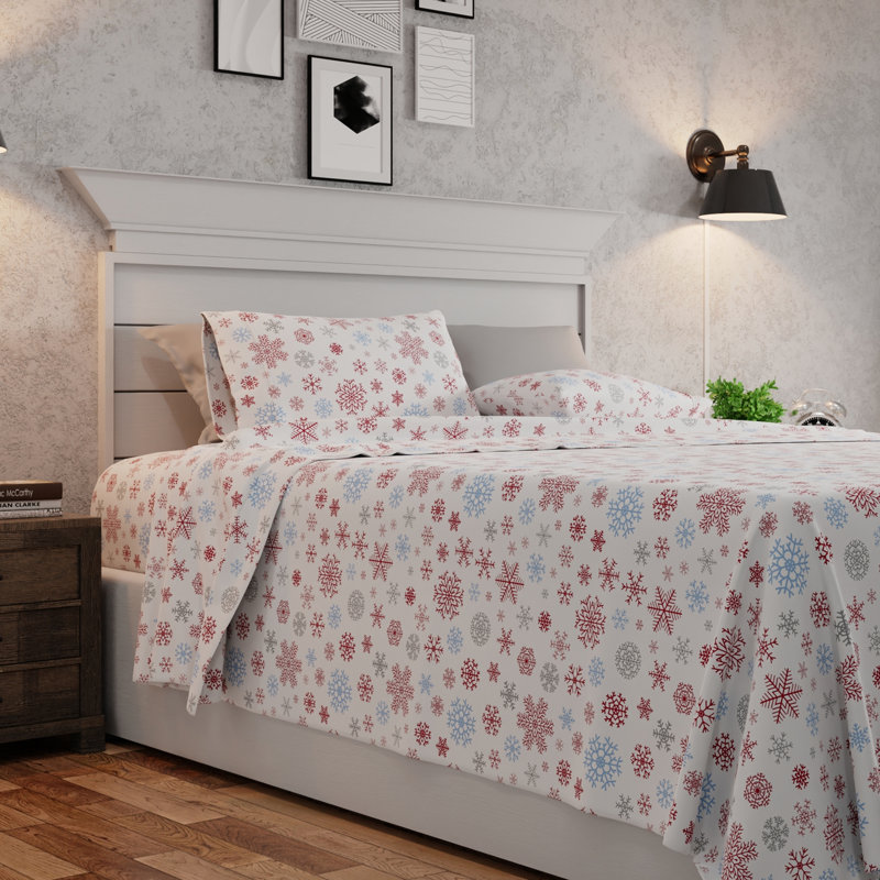White and Red Snowflake Cotton Flannel Queen Sheet Set