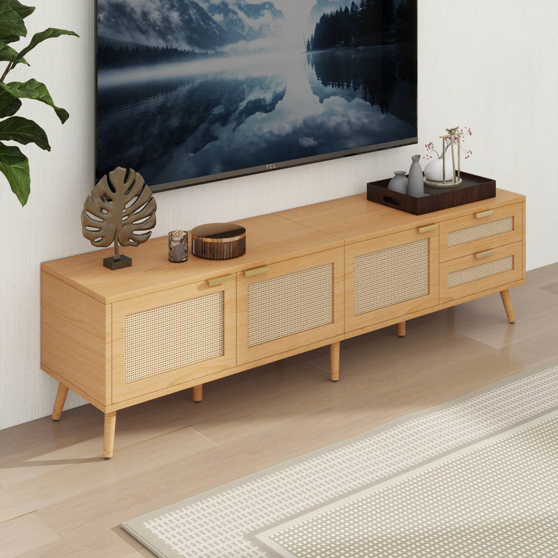 Meuble télé moderne avec portes en rotin, console multimédia avec armoires, 2 tiroirs