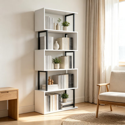 Bibliothèque géométrique en forme de S à 5 niveaux, étagère en bois moderne pour chambre à coucher, bureau personnel, bibliothèque autoportante avec dispositif anti-effondrement