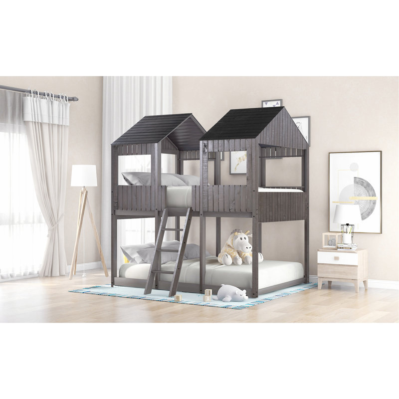 Lit superposé en bois massif gris antique - Créez un espace de couchage confortable avec fenêtre et rendez la chambre à coucher plus fonctionnelle