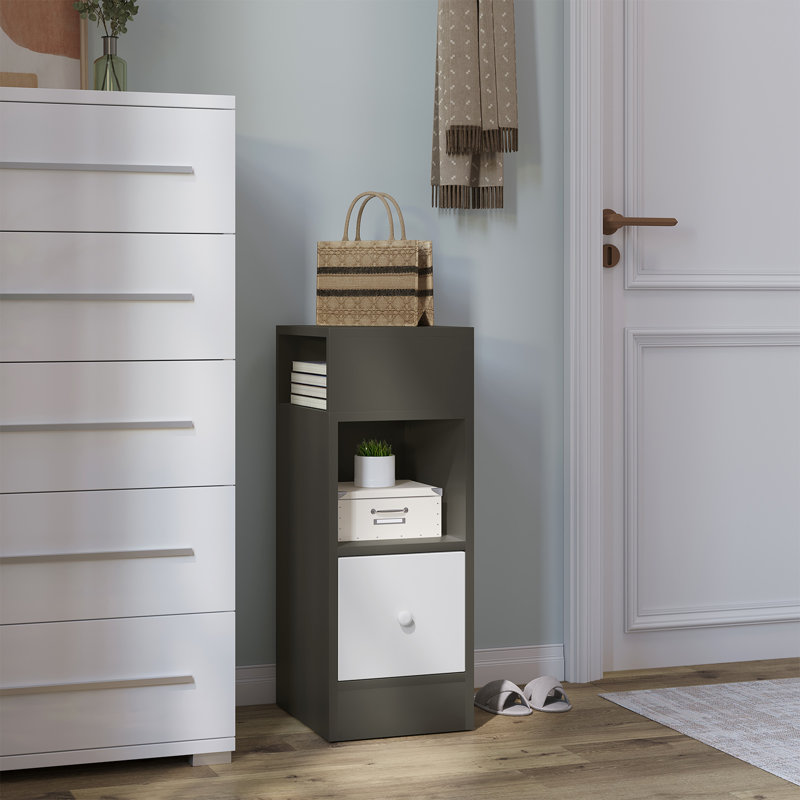 Bedside Table, Nightstand With 2 Open Compartments And 1 Drawer, Night Table, Space Saving Cabinet For Bedroom, Living Room, Chipboard, 25X30X66Cm