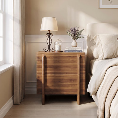 Minimalist Rounded Walnut Nightstand, Dual-Drawer Storage Cabinet, Perfect for Bedrooms, Living Rooms and Corner Spaces
