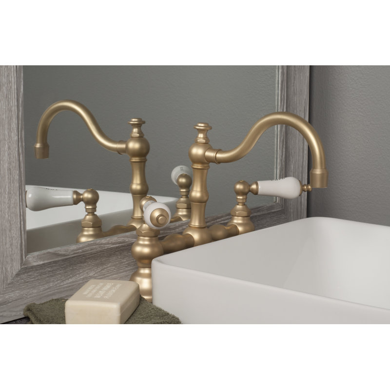 Deck Mounted Bathroom Faucet with Drain Assembly, Unlacquered Polished Brass