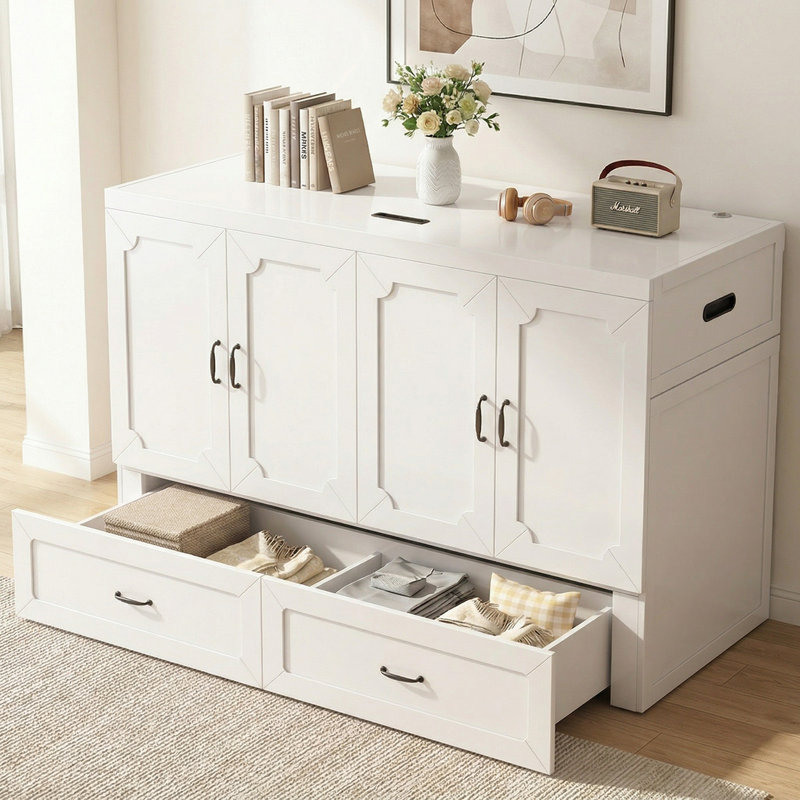 Queen Murphy Bed Cabinet With Charging Station With Mattress -1200lbs Capacity, Extra Storage & Usb Ports, White