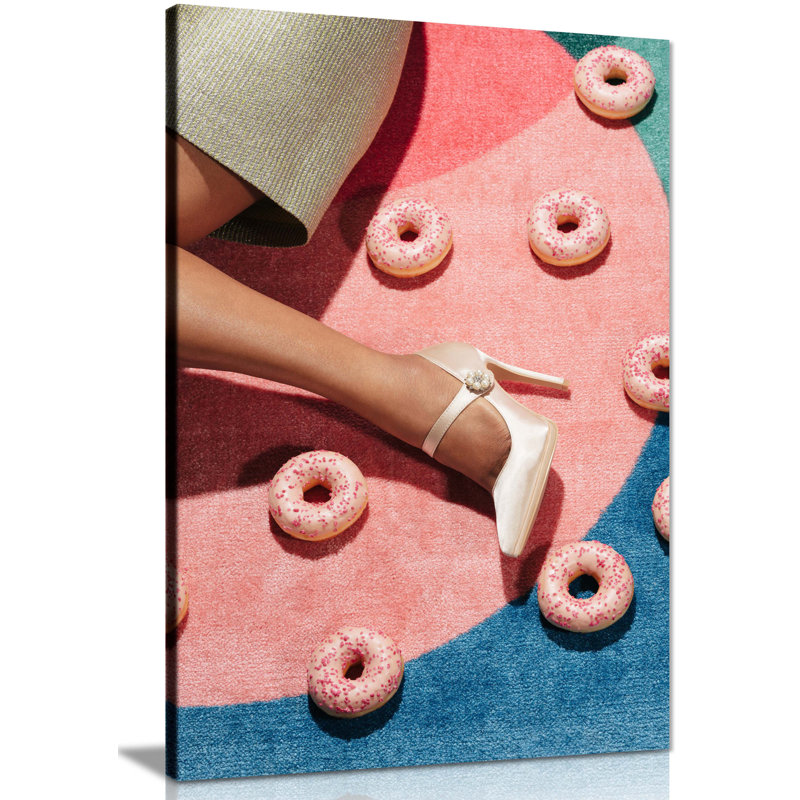 Panther Print Fine Art Prints Woman In White Heels & Pink Doughnuts In The Background Artistic Framed Canvas Prints, Pictures For Home Walls, Bedroom, Living Room & Bathroom Decor - Wrapped Canvas Art Prints
