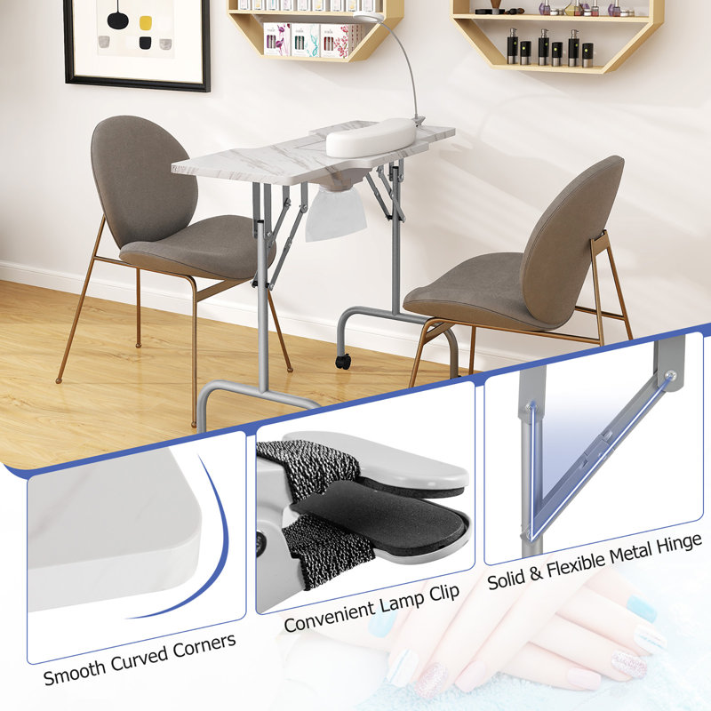  Table pliante manucure clouée avec collecteur de poussière électrique avec sac de transport pour lampe DEL - blanc, Blanc