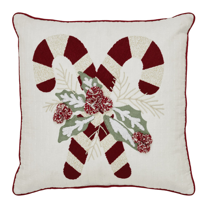 Oreiller en velours brodé Gingerbread House, Carré 18 po, Blanc / Rouge / Vert