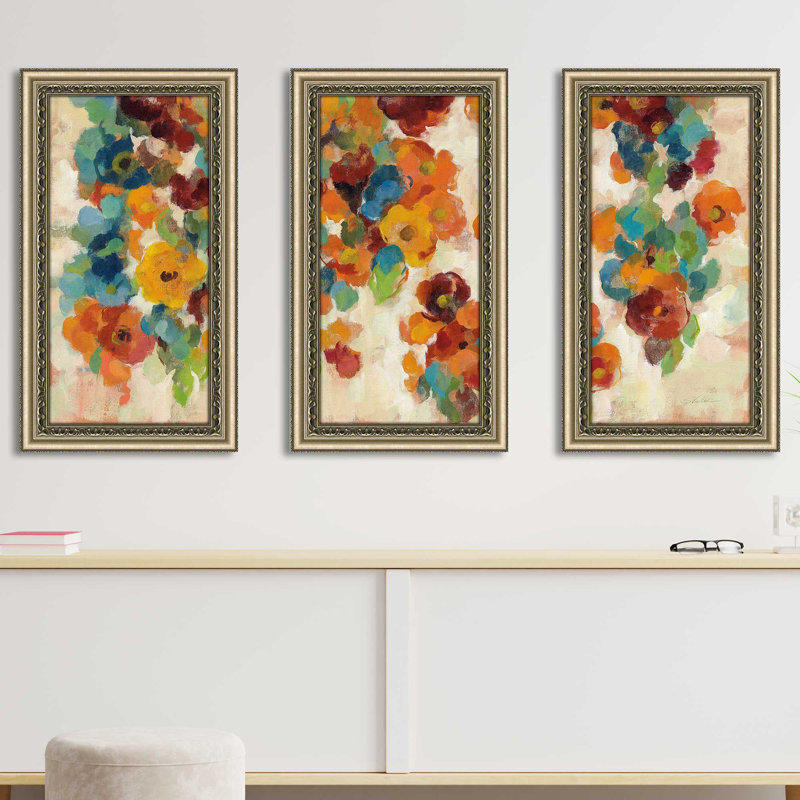 Spice and Turquoise Florals - Peinture encadrée 3 pièces, H 27,5 po x l 46,5 po x P 0,75 po