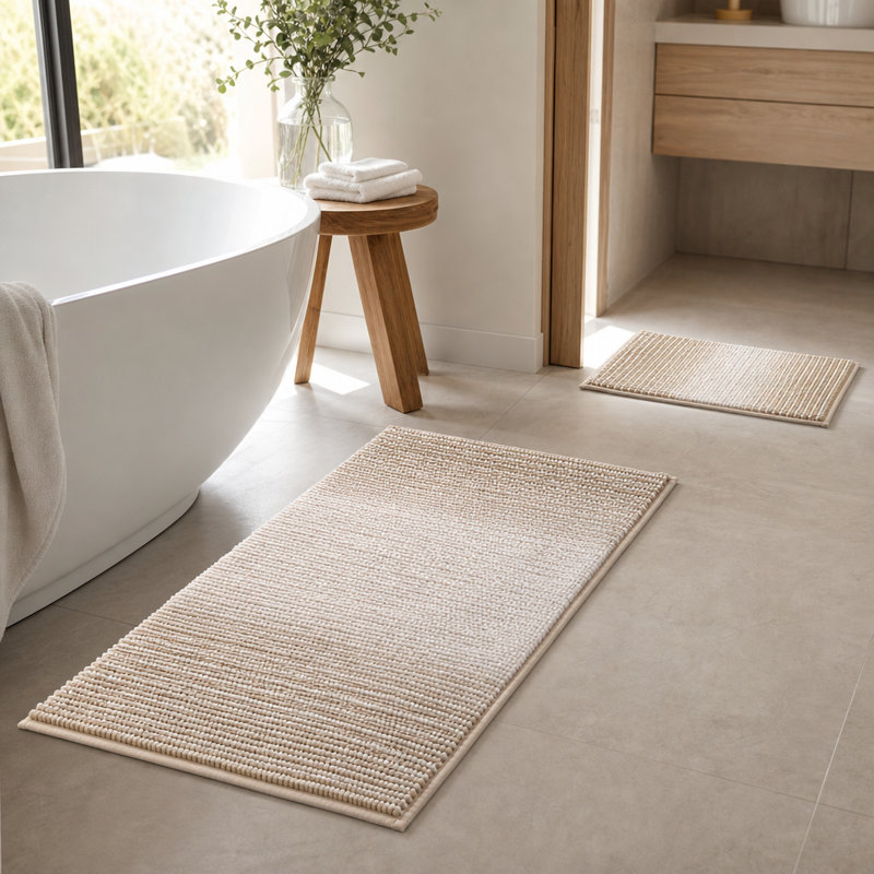 2-Piece Bathroom Rug Mat Set, Thick Absorbent Chenille Bath Rugs, Non-Slip Soft Shaggy Floor Mats, Machine Washable, Beige