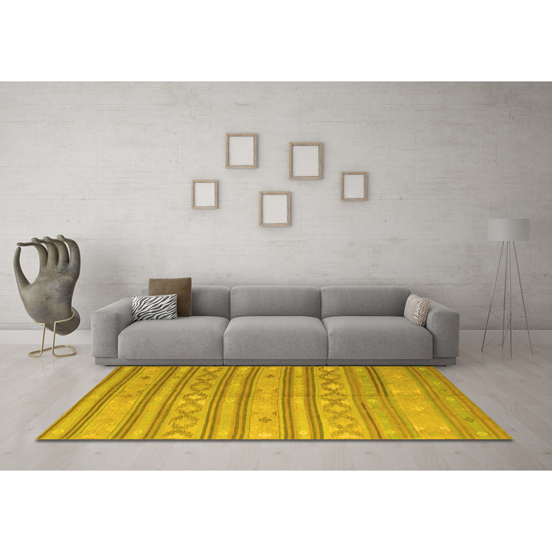 Tapis contemporain 848 jaune lavable à la machine, Carré 7 pi