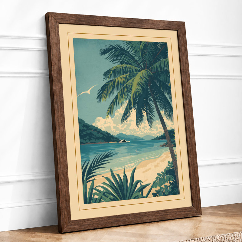 Tropical Beach Paradise Coastal - Framed Print, A4 - 29.7 x 21.0 cm, Walnut