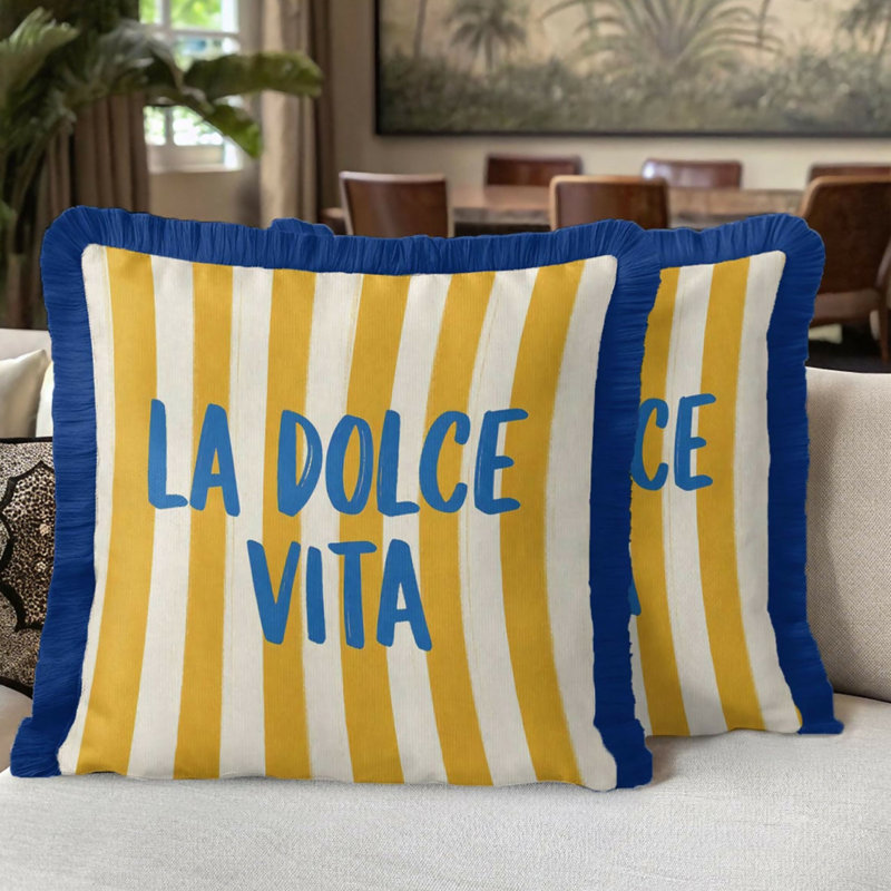 Ensemble de 2 housses de coussin à franges de luxe bord de mer Méditerranée - bleu, jaune et bleu marine