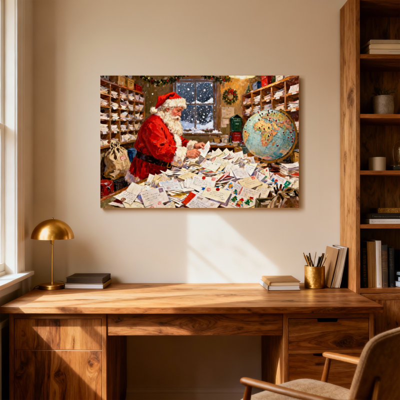 Père Noël qui lit des lettres dans un atelier, H 16 po x l 24 po