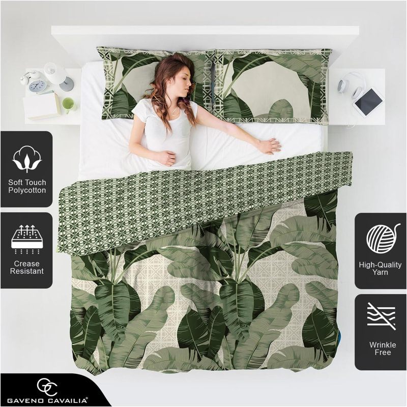 Botanical Polycotton Duvet Cover Set with Pillowcases, Soft Yarn Bedding, Single Double King, Double