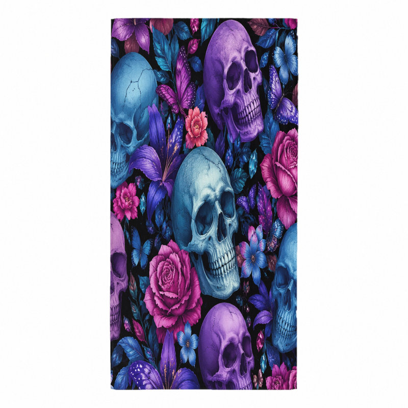 1Pcs Skull Flower Beach Towel, featuring gothic skulls, vibrant roses, and butterflies in a dark, mystical floral pattern. Large, quick-dry microfiber for, travel, outdoor activities, unisex.