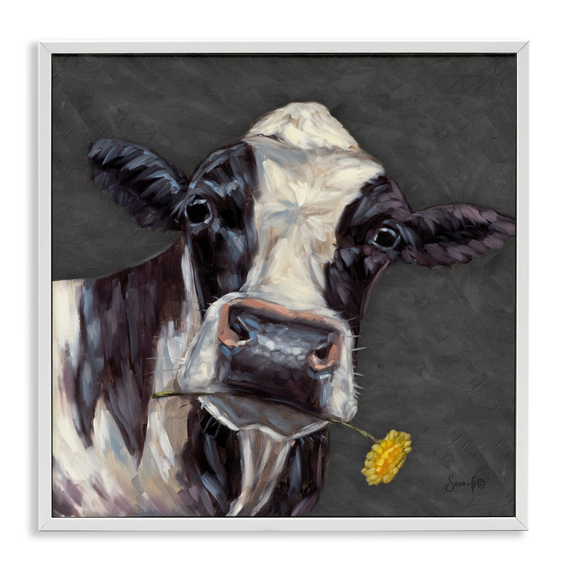 «Vache avec marguerite jaune» par Stupell Industries, H 17 po x l 17 po, Giclée encadrée blanc bord de mer