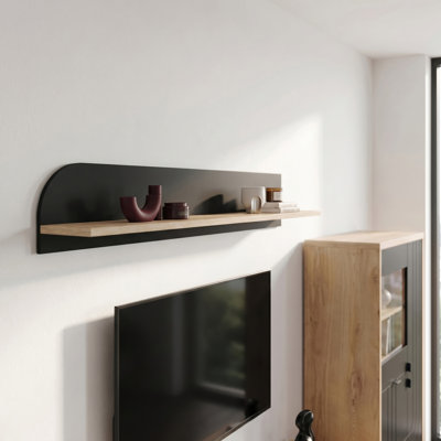 Japandi Style Wall Shelf, Bold Two-Tone Design, Curved Edge, Engineered Wood, Black/Light Oak Decor, 169 cm W x 25.6 cm H x 21.9 cm D
