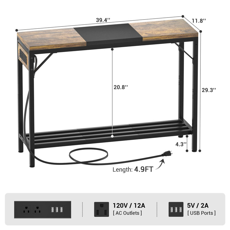 39.4" Console Table With Power Outlet, Entryway Table With Storage Shelves, Desk, Black/Brown