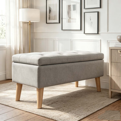 32" Wide Storage Ottoman Bench with Built-in Tray, Square Storage Ottoman for Extra Storage, Upholstered Footrest and End of Bed Bench