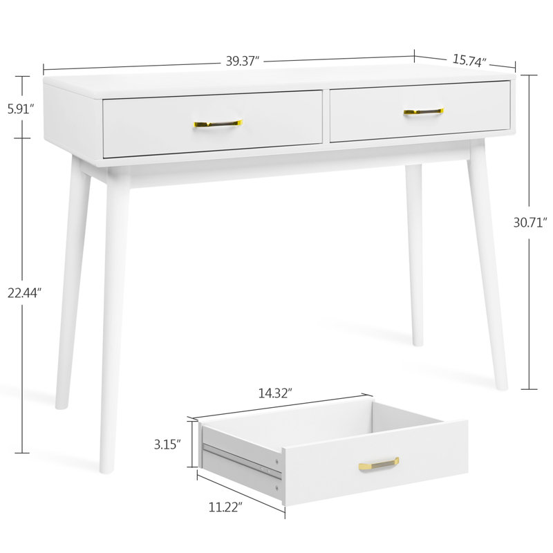 39" Small Space Desk & Vanity, Solid Wood 2-Drawer Compact White Desk , White