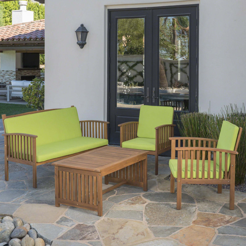 Elwyn 4 Piece Sofa Seating Group with Cushions, Brown Frame/Light Green Cushion