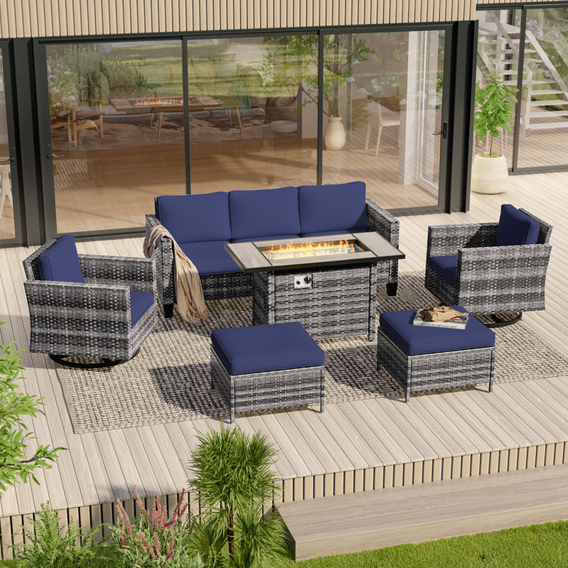 6 Pieces Patio Sofa with Rectangle Fire Pit Table and Swivel Rocking Chairs, Gray, Navy Blue