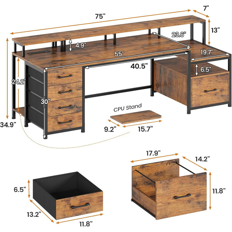 Moomal 75" W Computer Desk with LED Lights , Brown/Black