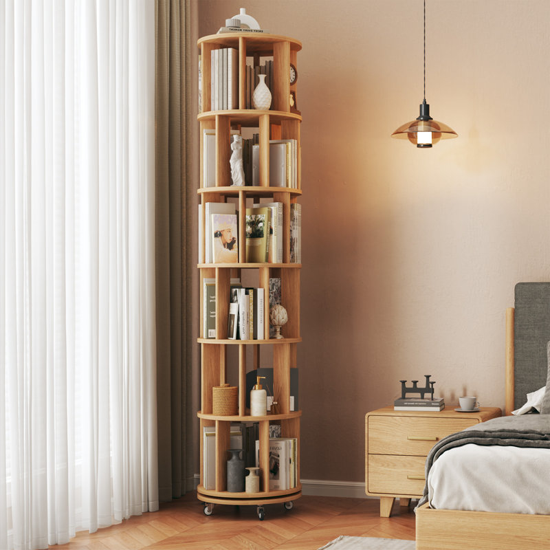 Bibliothèque pivotante à 360 ° en bois massif, bibliothèque à 6 niveaux avec roulettes, hauteur réglable