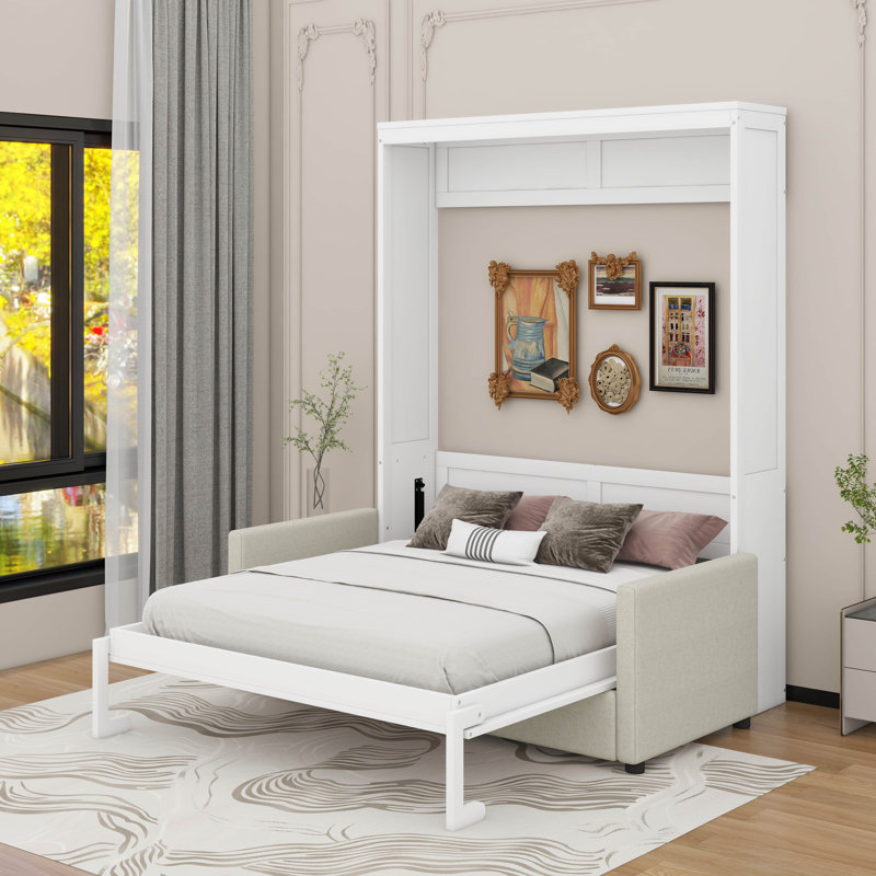 Lit escamotable double avec coussin, Blanc