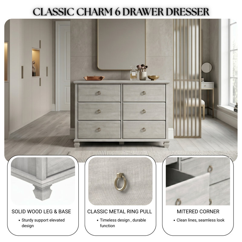 Weston 46.3" W Traditional Gray 6-Drawer Dresser with Solid Wood Legs, Dusty Gray Oak